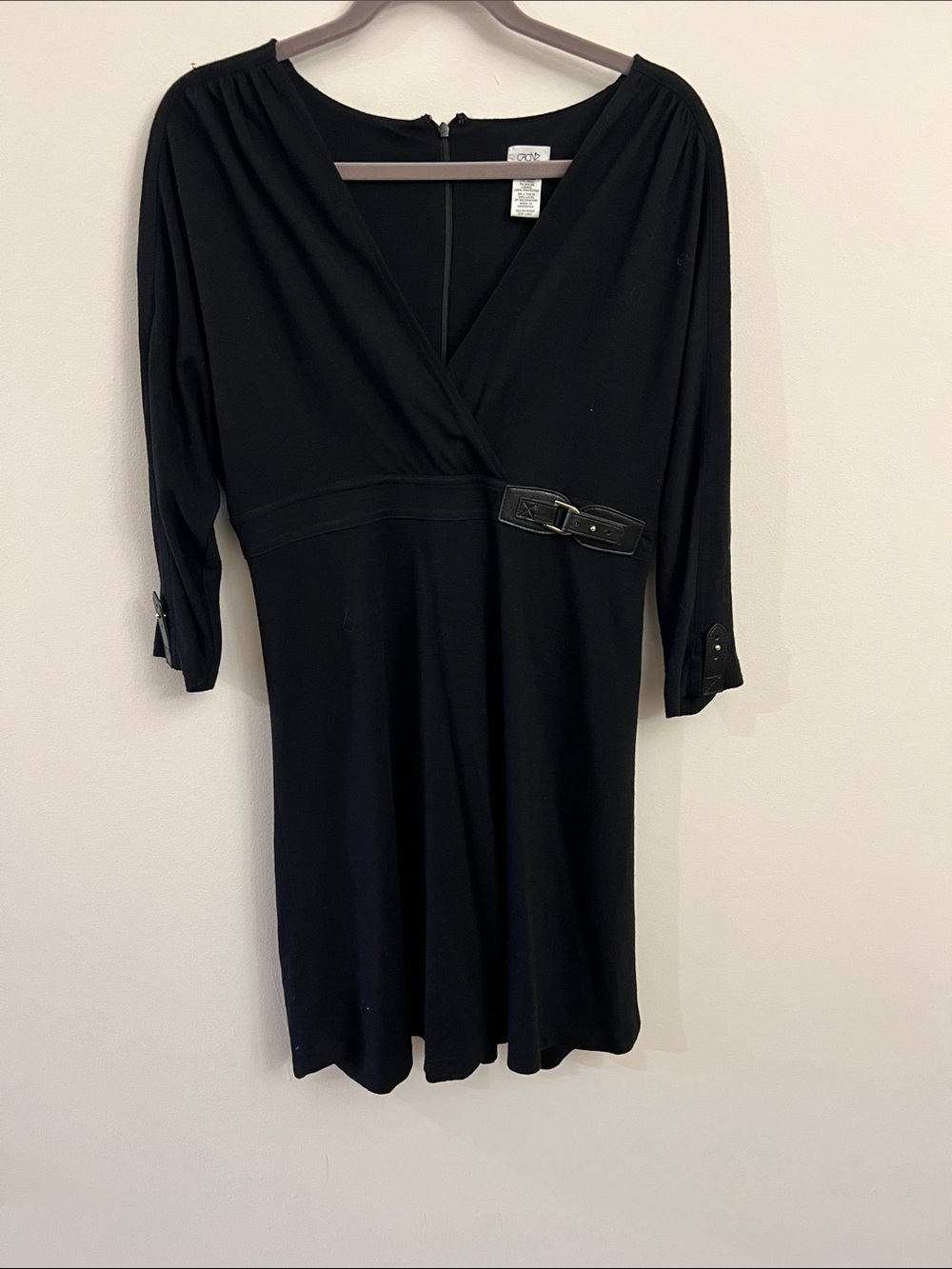 Cache Black Faux-Wrap Long Sleeve Dress with Waist Buckle